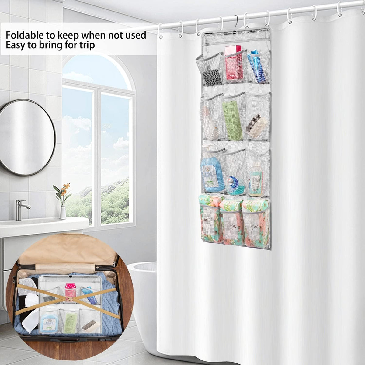 Mesh Shower Organizer Hanging Caddy Quick Dry Bathroom Storage for Toiletry Accessories with Rotating Hanger (12 Pockets)