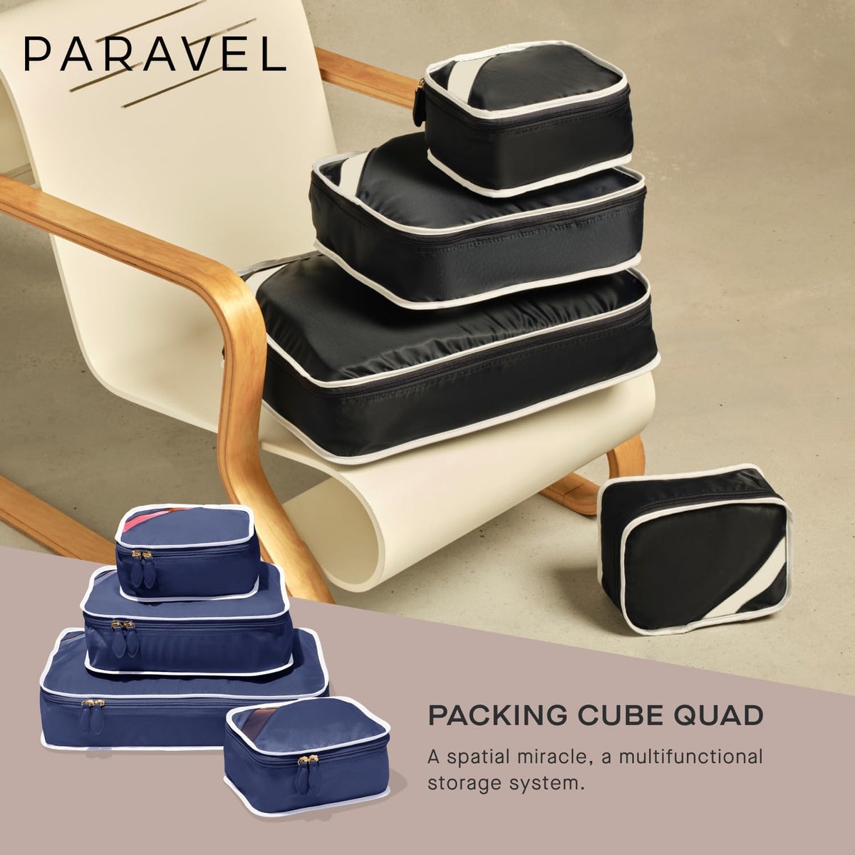Packing Cube Quads | Luggage Organizer for Travel Accessories, Shoes, Toiletries, Laundry | 4 Pack Storage Cubes in Various Sizes | Derby Black
