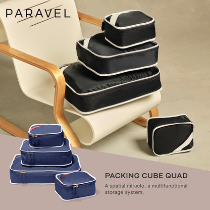 Packing Cube Quads | Luggage Organizer for Travel Accessories, Shoes, Toiletries, Laundry | 4 Pack Storage Cubes in Various Sizes | Derby Black