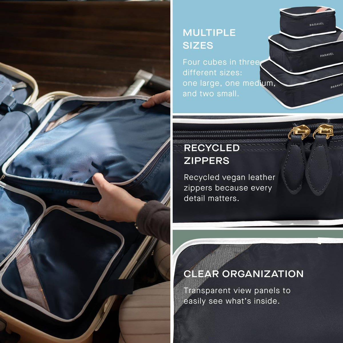 Packing Cube Quads | Luggage Organizer for Travel Accessories, Shoes, Toiletries, Laundry | 4 Pack Storage Cubes in Various Sizes | Derby Black