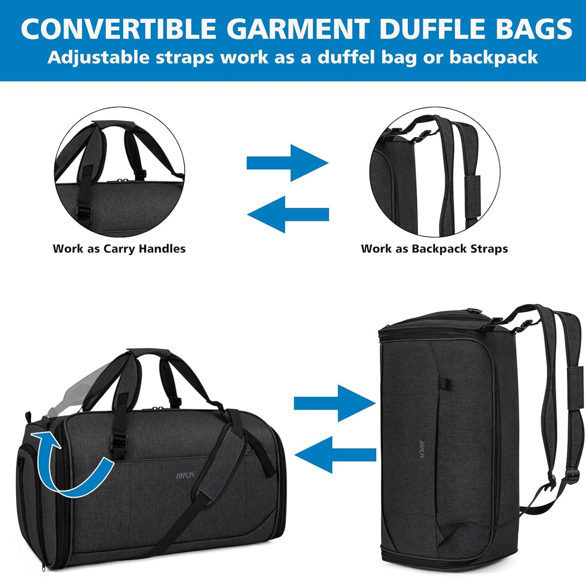 Convertible Garment Bags for Travel - Carry on Garment Duffle Bag with Backpack Straps for Men Women, 4 in 1 Large Travel Duffel Bags with Shoes Compartment Hanging Suit Dress Weekender Bag 3pcs Set