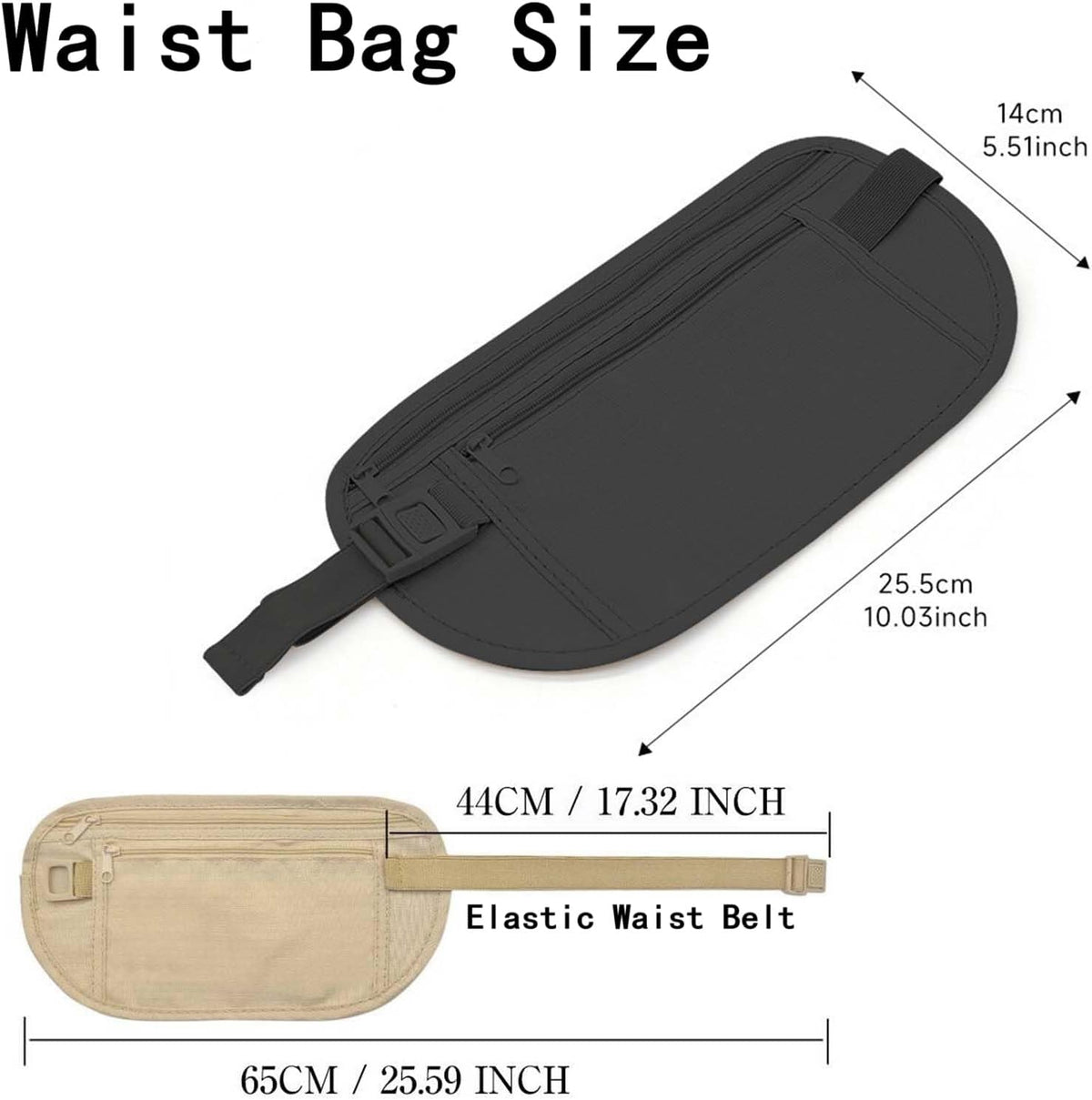 Money Belt Anti-theft Waist Pack Nylon Fanny Pack Hidden Under Clothes Passport Holder Travel Wallet with Adjustable Buckle for Travel, Running, Hiking, Cycling (Khaki)