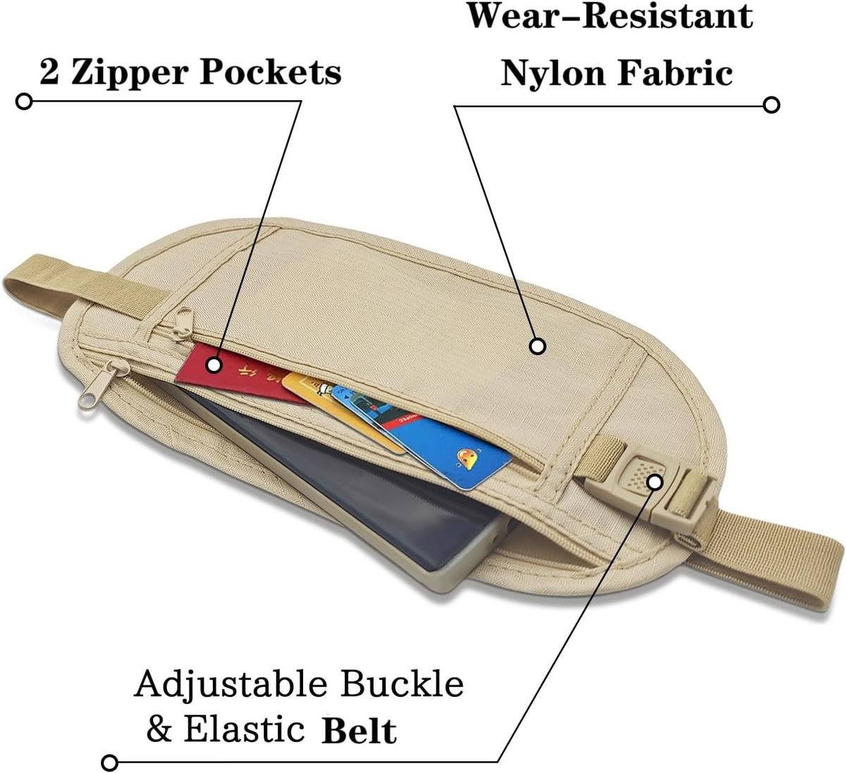 Money Belt Anti-theft Waist Pack Nylon Fanny Pack Hidden Under Clothes Passport Holder Travel Wallet with Adjustable Buckle for Travel, Running, Hiking, Cycling (Khaki)