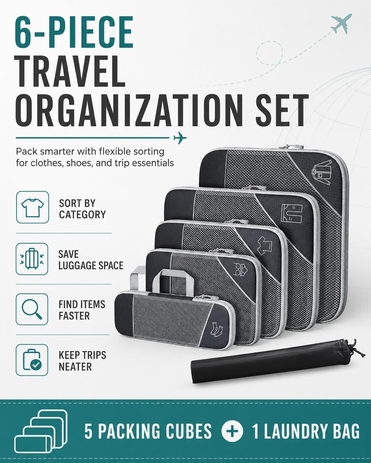 6 Piece Expandable Space Saving Packing Cubes, Compression Packing Cubes For Travel, Backpacking Backpack, Luggage Organizer Set, Lightweight Suitcase Clothes Bags(White,Toiletry bag)