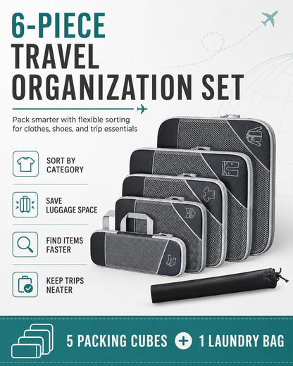 6 Piece Expandable Space Saving Packing Cubes, Compression Packing Cubes For Travel, Backpacking Backpack, Luggage Organizer Set, Lightweight Suitcase Clothes Bags(White,Toiletry bag)