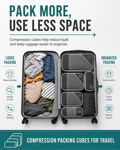 6 Piece Expandable Space Saving Packing Cubes, Compression Packing Cubes For Travel, Backpacking Backpack, Luggage Organizer Set, Lightweight Suitcase Clothes Bags(White,Toiletry bag)