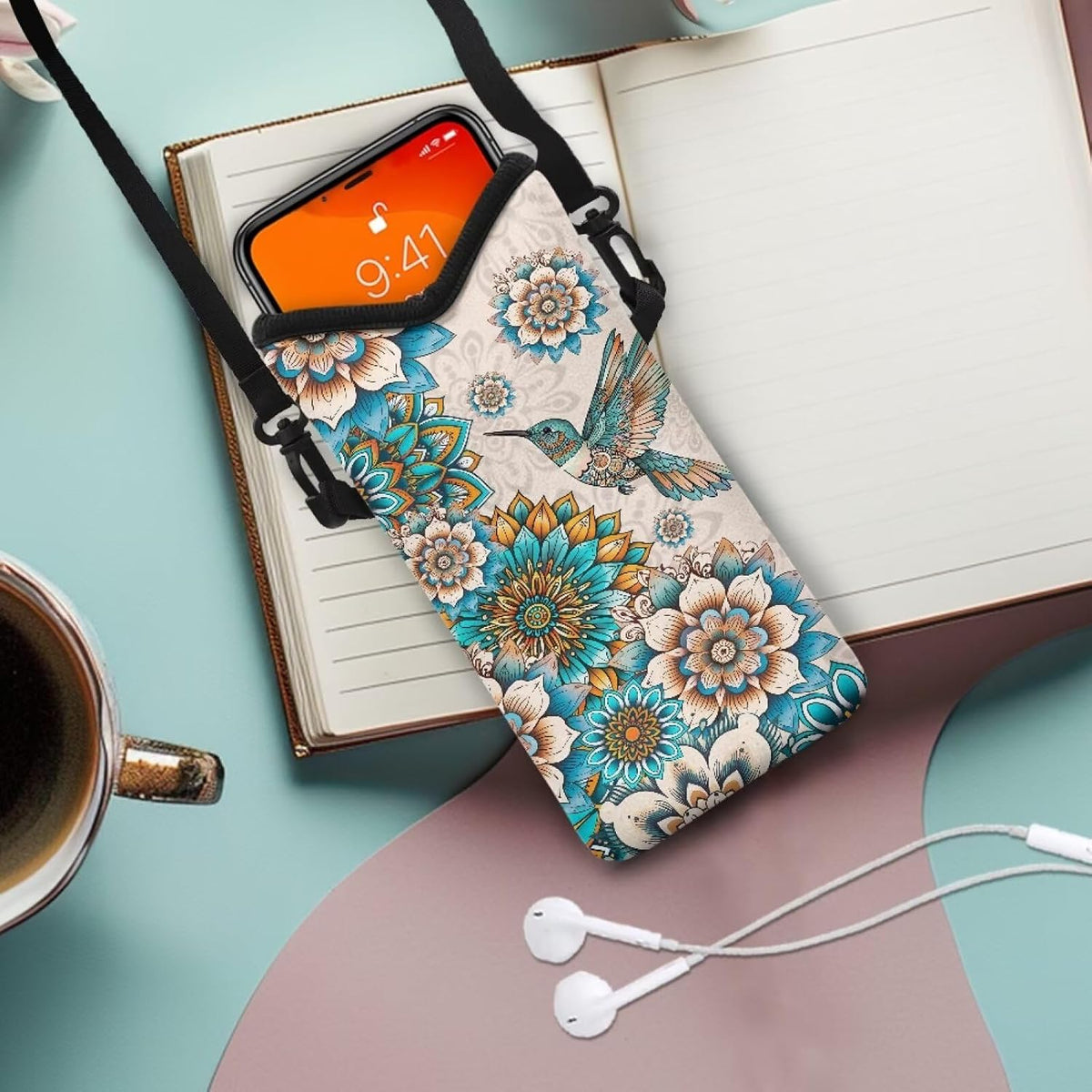 Women Men Crossbody Phone Bag Lightweight Neoprene Cellphone Case Waterproof Phone Carry Pouch for iPhone 15/14/ 13 Pro Max, for Samsung S24, S23+, A25, A35, Hummingbird Floral Pattern - Colors A