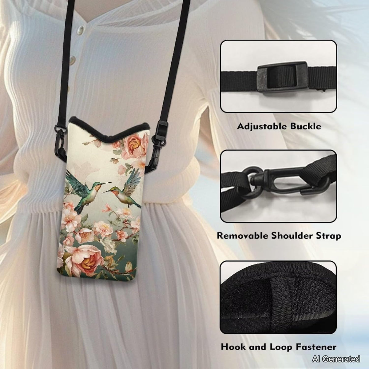 Women Men Crossbody Phone Bag Lightweight Neoprene Cellphone Case Waterproof Phone Carry Pouch for iPhone 15/14/ 13 Pro Max, for Samsung S24, S23+, A25, A35, Hummingbird Floral Pattern - Colors A