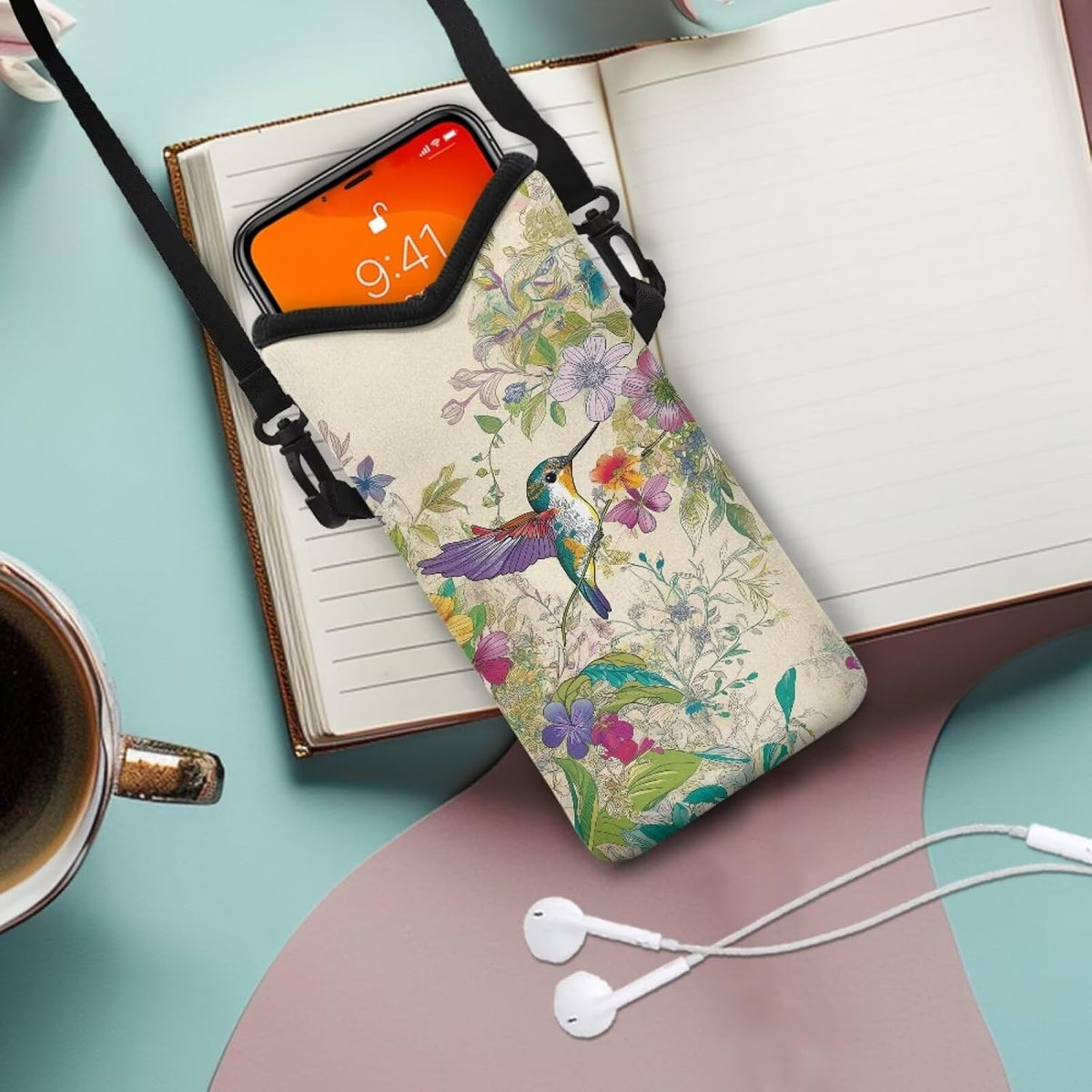 Women Men Crossbody Phone Bag Lightweight Neoprene Cellphone Case Waterproof Phone Carry Pouch for iPhone 15/14/ 13 Pro Max, for Samsung S24, S23+, A25, A35, Hummingbird Floral Pattern - Colors A