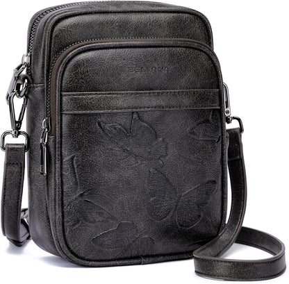 BELTANA Small Crossbody Bags for Women, Lightweight RFID Cell Phone Purse | Soft vegan leather, butterfly pattern, adjustable strap, triple compartments, perfect for travel & daily use, gift for women