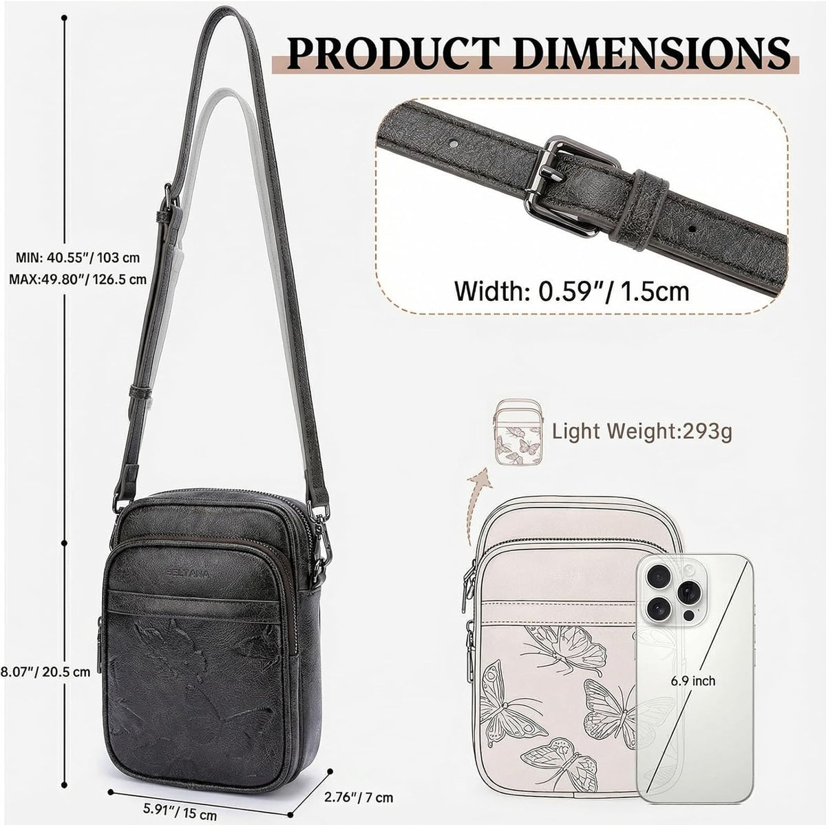 BELTANA Small Crossbody Bags for Women, Lightweight RFID Cell Phone Purse | Soft vegan leather, butterfly pattern, adjustable strap, triple compartments, perfect for travel & daily use, gift for women