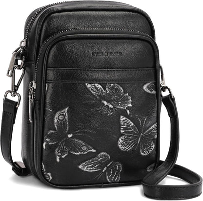 BELTANA Small Crossbody Bags for Women, Lightweight RFID Cell Phone Purse | Soft vegan leather, butterfly pattern, adjustable strap, triple compartments, perfect for travel & daily use, gift for women