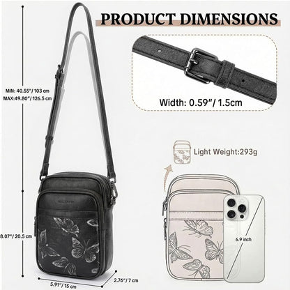 BELTANA Small Crossbody Bags for Women, Lightweight RFID Cell Phone Purse | Soft vegan leather, butterfly pattern, adjustable strap, triple compartments, perfect for travel & daily use, gift for women