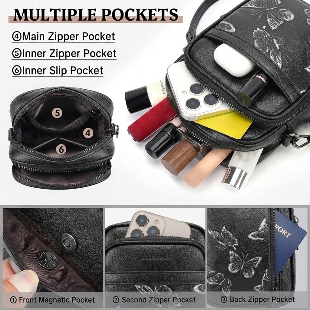 BELTANA Small Crossbody Bags for Women, Lightweight RFID Cell Phone Purse | Soft vegan leather, butterfly pattern, adjustable strap, triple compartments, perfect for travel & daily use, gift for women