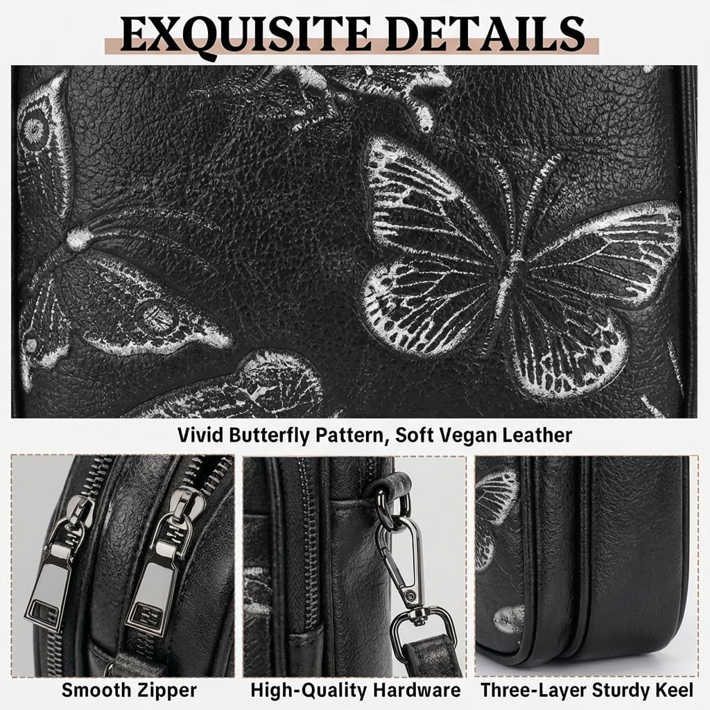 BELTANA Small Crossbody Bags for Women, Lightweight RFID Cell Phone Purse | Soft vegan leather, butterfly pattern, adjustable strap, triple compartments, perfect for travel & daily use, gift for women