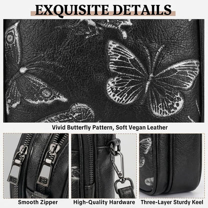 BELTANA Small Crossbody Bags for Women, Lightweight RFID Cell Phone Purse | Soft vegan leather, butterfly pattern, adjustable strap, triple compartments, perfect for travel & daily use, gift for women