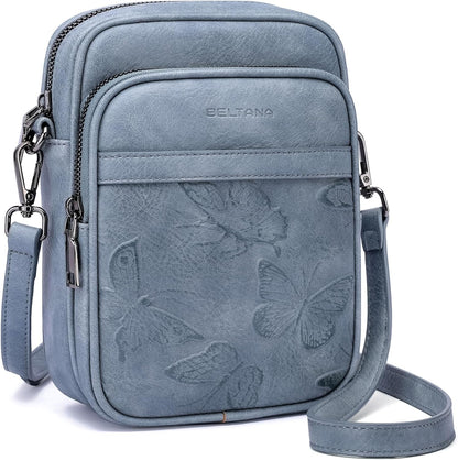 BELTANA Small Crossbody Bags for Women, Lightweight RFID Cell Phone Purse | Soft vegan leather, butterfly pattern, adjustable strap, triple compartments, perfect for travel & daily use, gift for women