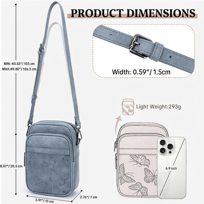 BELTANA Small Crossbody Bags for Women, Lightweight RFID Cell Phone Purse | Soft vegan leather, butterfly pattern, adjustable strap, triple compartments, perfect for travel & daily use, gift for women