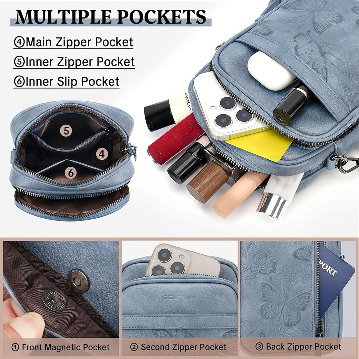 BELTANA Small Crossbody Bags for Women, Lightweight RFID Cell Phone Purse | Soft vegan leather, butterfly pattern, adjustable strap, triple compartments, perfect for travel & daily use, gift for women