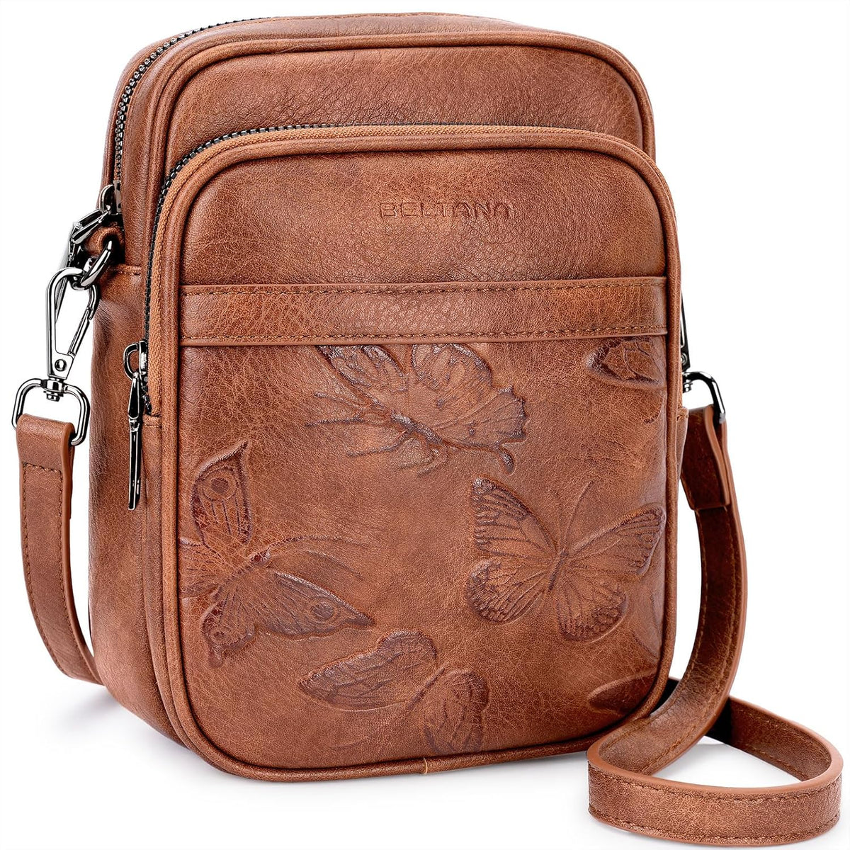 BELTANA Small Crossbody Bags for Women, Lightweight RFID Cell Phone Purse | Soft vegan leather, butterfly pattern, adjustable strap, triple compartments, perfect for travel & daily use, gift for women