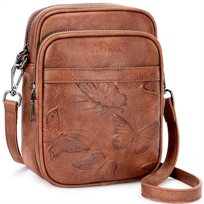 BELTANA Small Crossbody Bags for Women, Lightweight RFID Cell Phone Purse | Soft vegan leather, butterfly pattern, adjustable strap, triple compartments, perfect for travel & daily use, gift for women