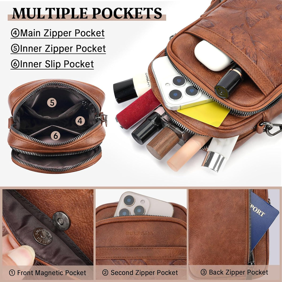 BELTANA Small Crossbody Bags for Women, Lightweight RFID Cell Phone Purse | Soft vegan leather, butterfly pattern, adjustable strap, triple compartments, perfect for travel & daily use, gift for women