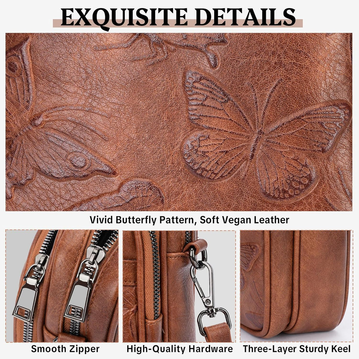 BELTANA Small Crossbody Bags for Women, Lightweight RFID Cell Phone Purse | Soft vegan leather, butterfly pattern, adjustable strap, triple compartments, perfect for travel & daily use, gift for women