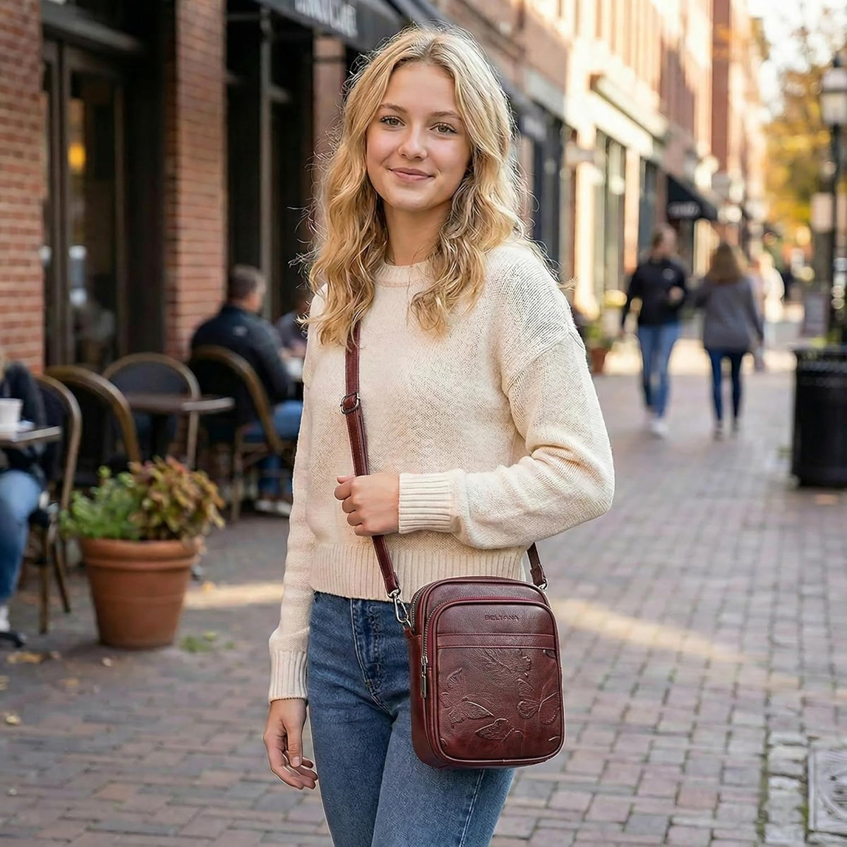 BELTANA Small Crossbody Bags for Women, Lightweight RFID Cell Phone Purse | Soft vegan leather, butterfly pattern, adjustable strap, triple compartments, perfect for travel & daily use, gift for women