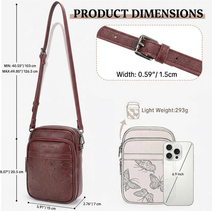 BELTANA Small Crossbody Bags for Women, Lightweight RFID Cell Phone Purse | Soft vegan leather, butterfly pattern, adjustable strap, triple compartments, perfect for travel & daily use, gift for women
