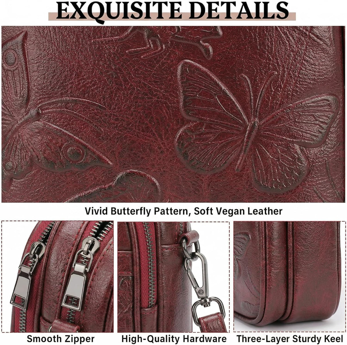BELTANA Small Crossbody Bags for Women, Lightweight RFID Cell Phone Purse | Soft vegan leather, butterfly pattern, adjustable strap, triple compartments, perfect for travel & daily use, gift for women
