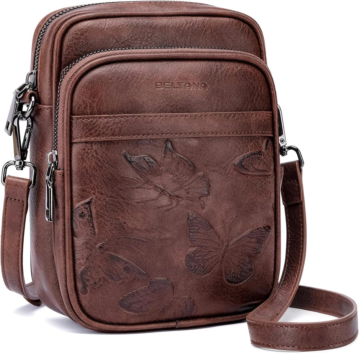 BELTANA Small Crossbody Bags for Women, Lightweight RFID Cell Phone Purse | Soft vegan leather, butterfly pattern, adjustable strap, triple compartments, perfect for travel & daily use, gift for women