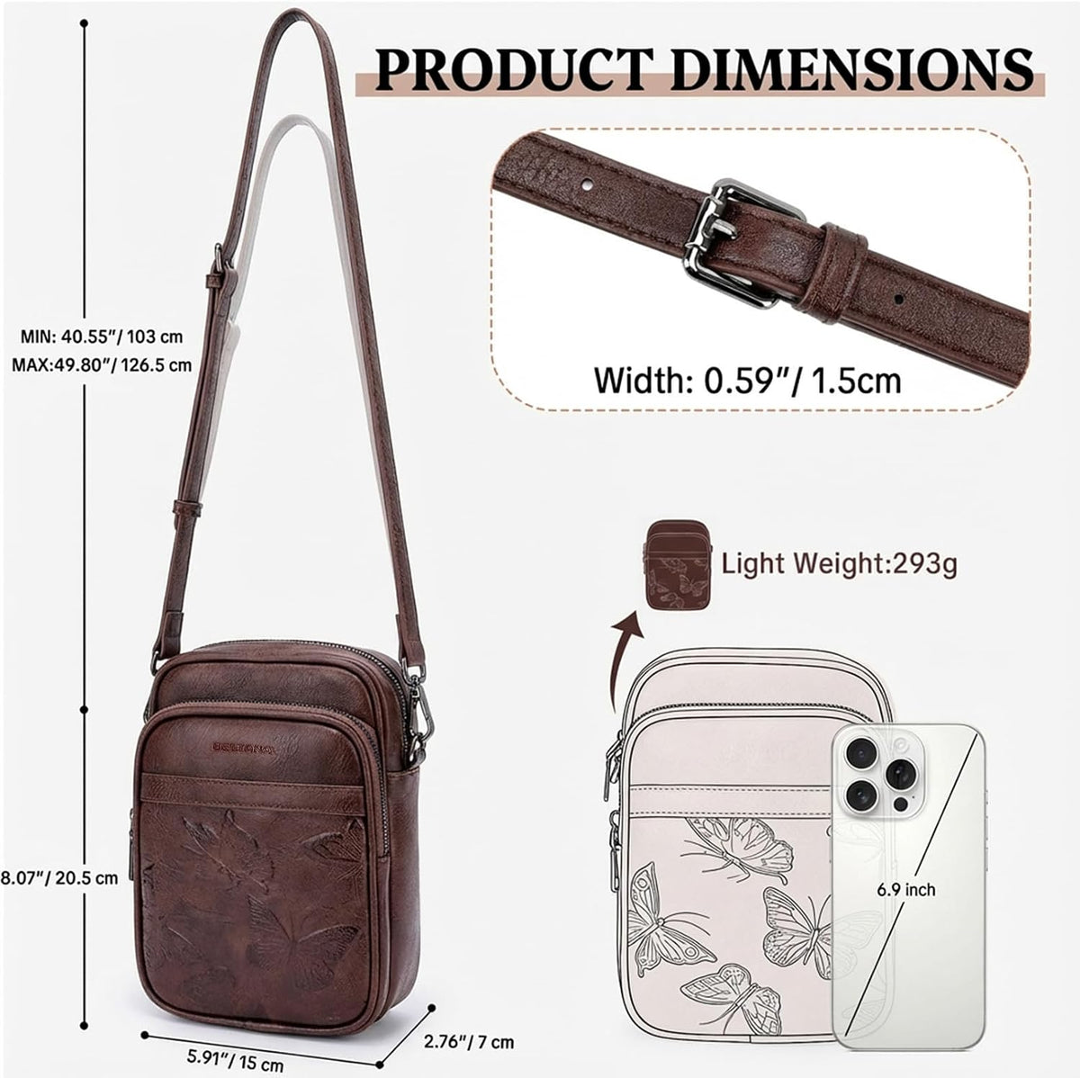 BELTANA Small Crossbody Bags for Women, Lightweight RFID Cell Phone Purse | Soft vegan leather, butterfly pattern, adjustable strap, triple compartments, perfect for travel & daily use, gift for women