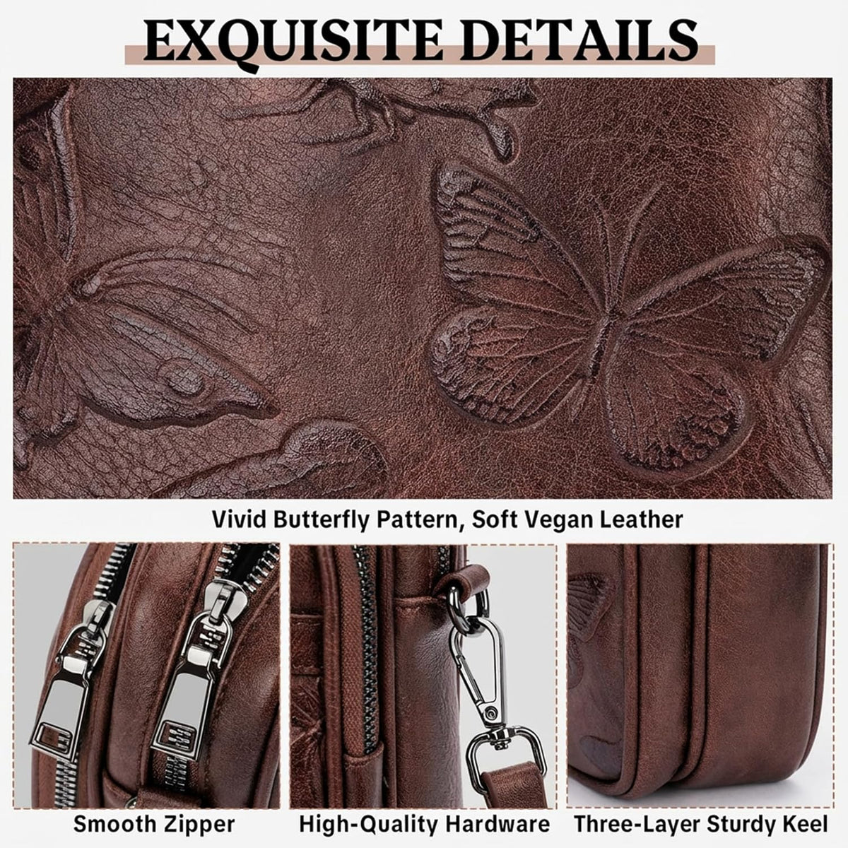 BELTANA Small Crossbody Bags for Women, Lightweight RFID Cell Phone Purse | Soft vegan leather, butterfly pattern, adjustable strap, triple compartments, perfect for travel & daily use, gift for women