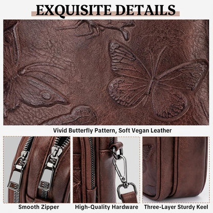 BELTANA Small Crossbody Bags for Women, Lightweight RFID Cell Phone Purse | Soft vegan leather, butterfly pattern, adjustable strap, triple compartments, perfect for travel & daily use, gift for women