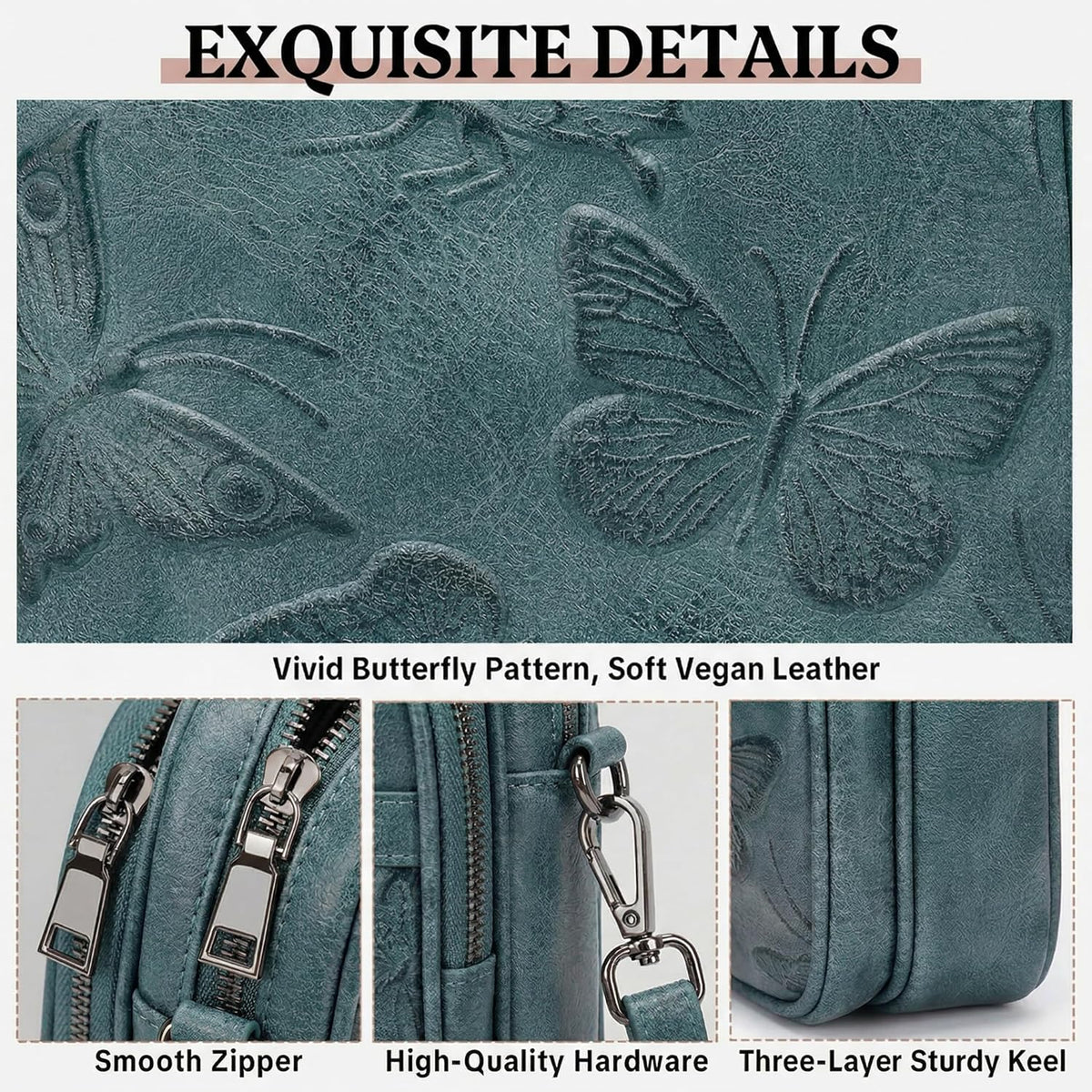 BELTANA Small Crossbody Bags for Women, Lightweight RFID Cell Phone Purse | Soft vegan leather, butterfly pattern, adjustable strap, triple compartments, perfect for travel & daily use, gift for women