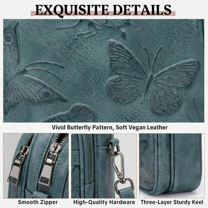 BELTANA Small Crossbody Bags for Women, Lightweight RFID Cell Phone Purse | Soft vegan leather, butterfly pattern, adjustable strap, triple compartments, perfect for travel & daily use, gift for women