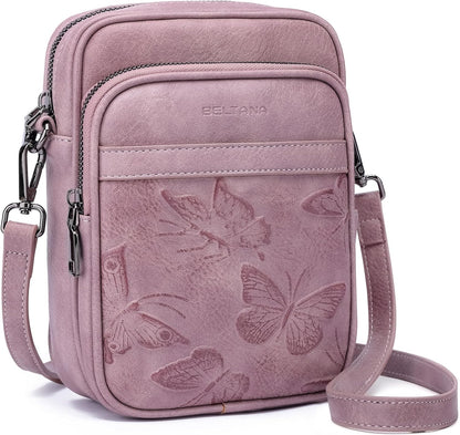 BELTANA Small Crossbody Bags for Women, Lightweight RFID Cell Phone Purse | Soft vegan leather, butterfly pattern, adjustable strap, triple compartments, perfect for travel & daily use, gift for women