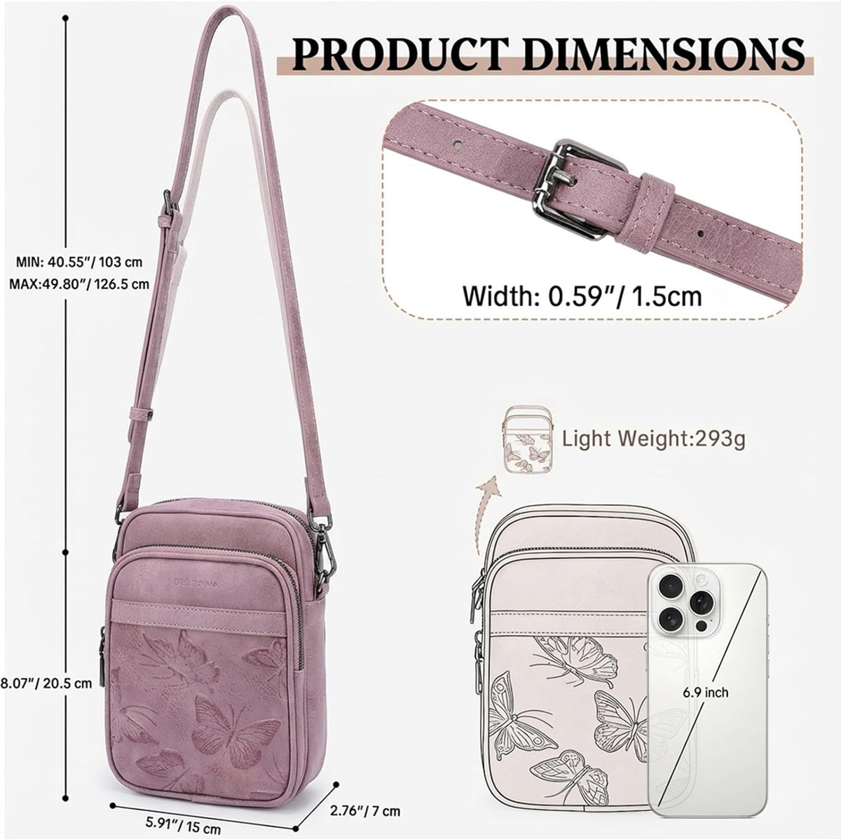 BELTANA Small Crossbody Bags for Women, Lightweight RFID Cell Phone Purse | Soft vegan leather, butterfly pattern, adjustable strap, triple compartments, perfect for travel & daily use, gift for women