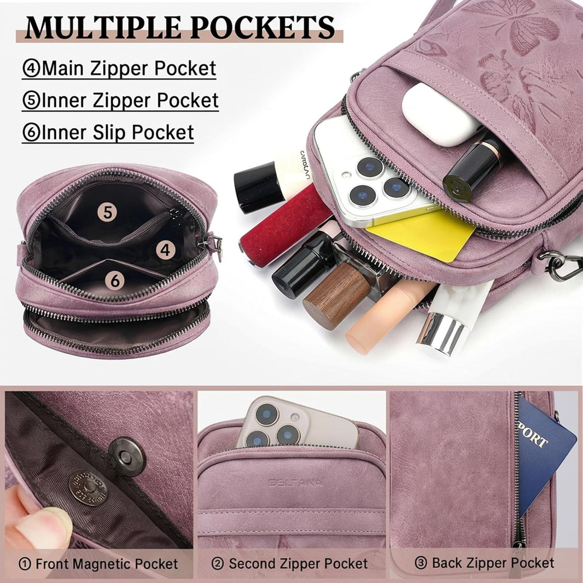 BELTANA Small Crossbody Bags for Women, Lightweight RFID Cell Phone Purse | Soft vegan leather, butterfly pattern, adjustable strap, triple compartments, perfect for travel & daily use, gift for women