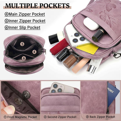 BELTANA Small Crossbody Bags for Women, Lightweight RFID Cell Phone Purse | Soft vegan leather, butterfly pattern, adjustable strap, triple compartments, perfect for travel & daily use, gift for women