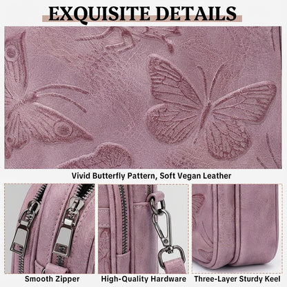 BELTANA Small Crossbody Bags for Women, Lightweight RFID Cell Phone Purse | Soft vegan leather, butterfly pattern, adjustable strap, triple compartments, perfect for travel & daily use, gift for women
