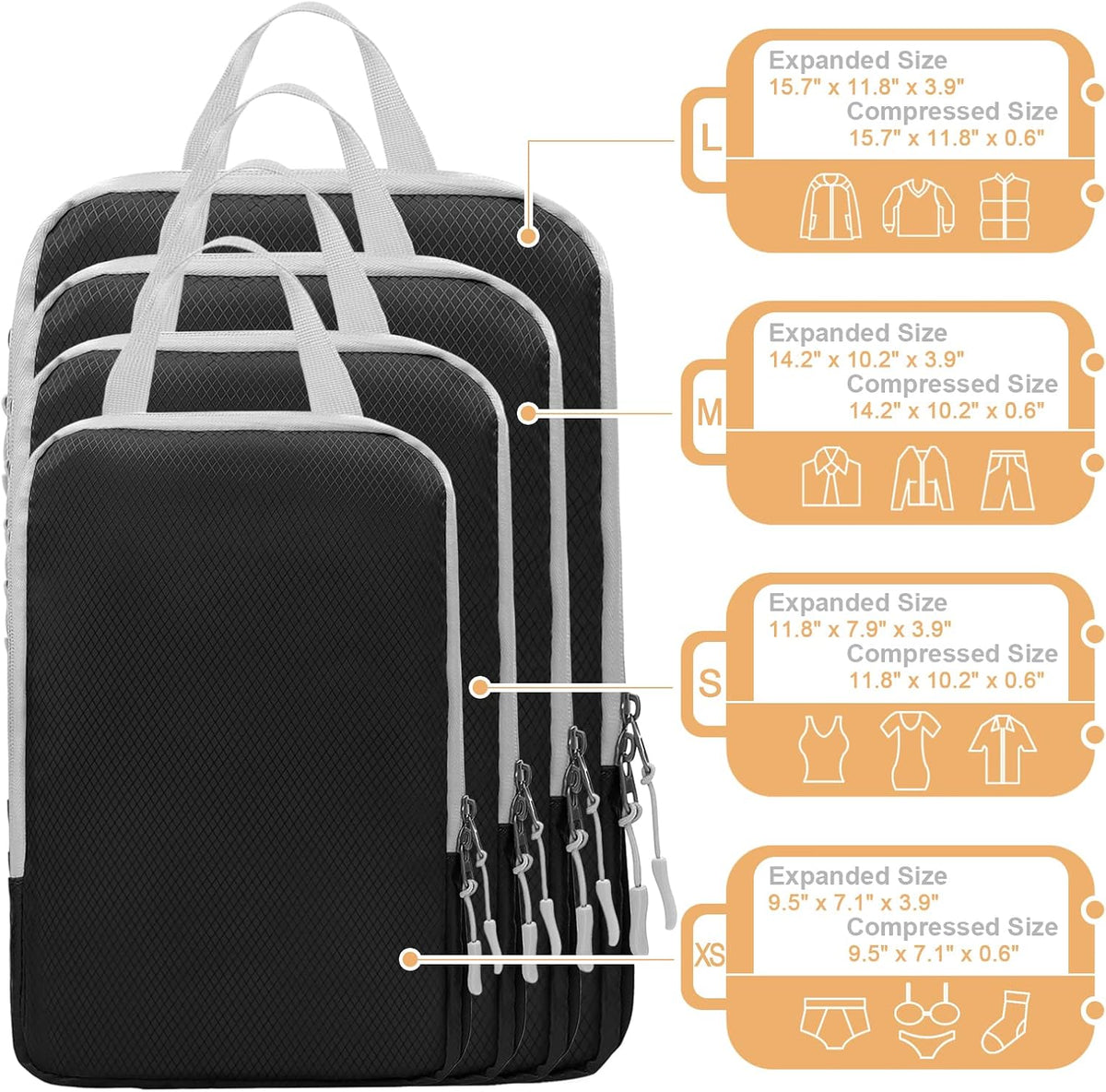 Compression Packing Cubes for Suitcases Travel Essentials Expandable Travel Bags Organizer for Luggage(dark grey)