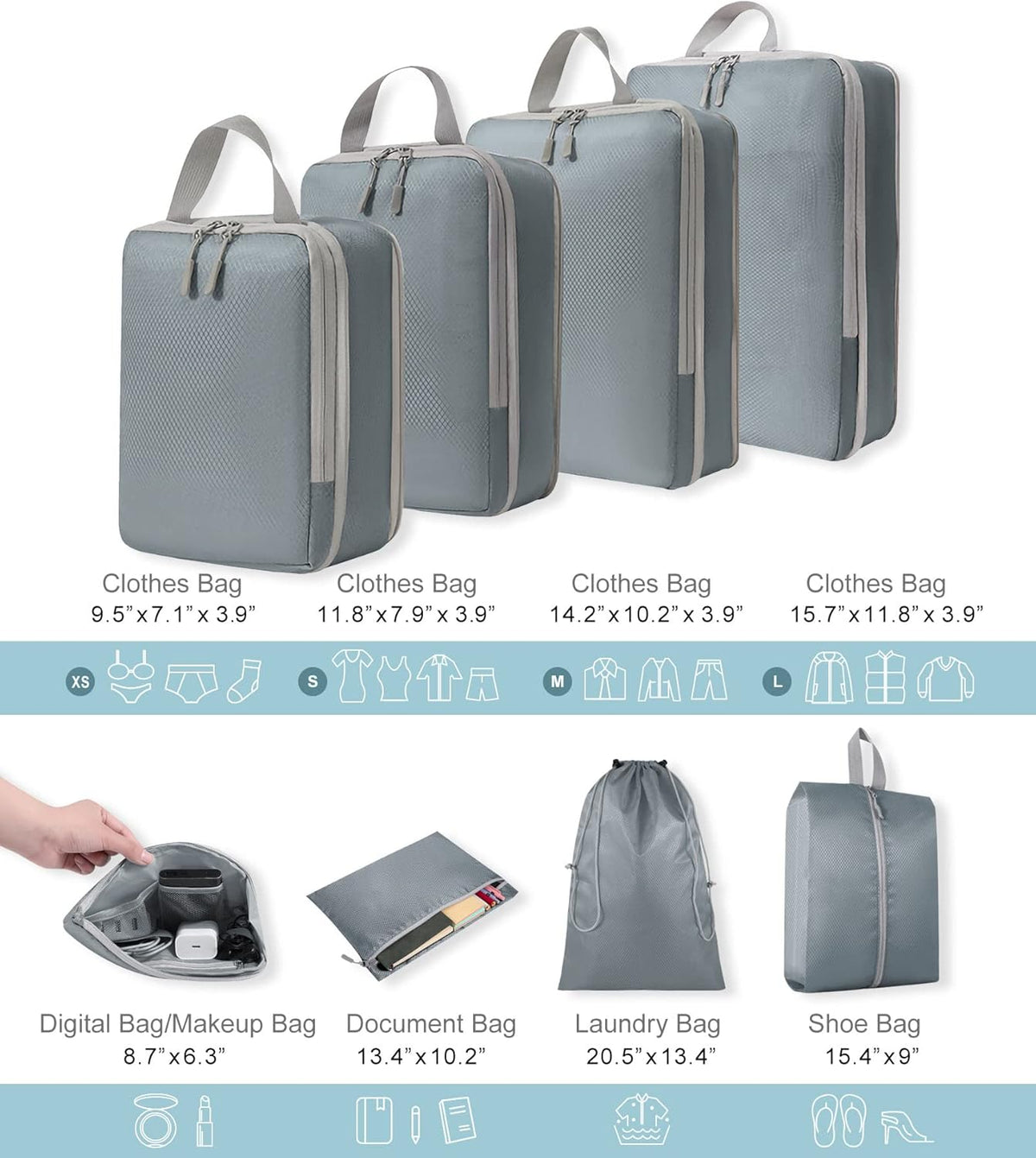 Compression Packing Cubes for Suitcases Travel Essentials Expandable Travel Bags Organizer for Luggage(dark grey)