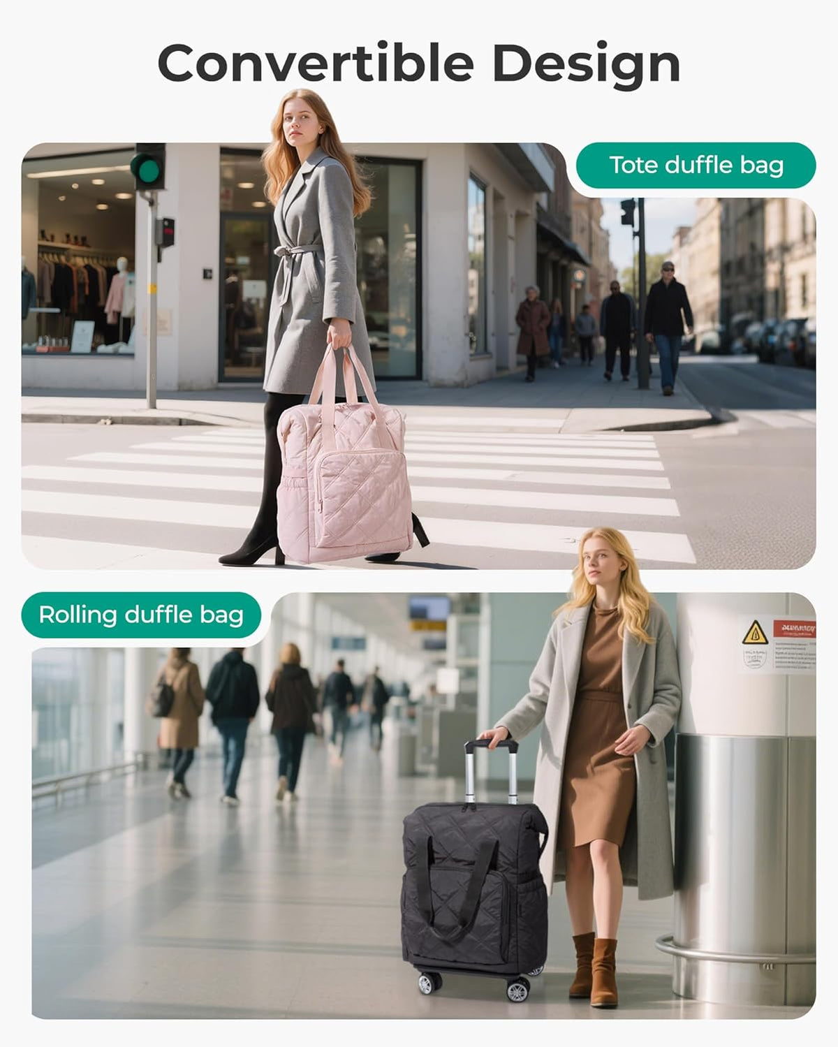 Rolling Duffle Bag with Wheels, 35L Carry on Travel Bag with Detachable Wheels, PVC Wet Pocket Duffel bag with Wheels, Camel