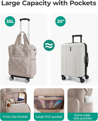Rolling Duffle Bag with Wheels, 35L Carry on Travel Bag with Detachable Wheels, PVC Wet Pocket Duffel bag with Wheels, Camel