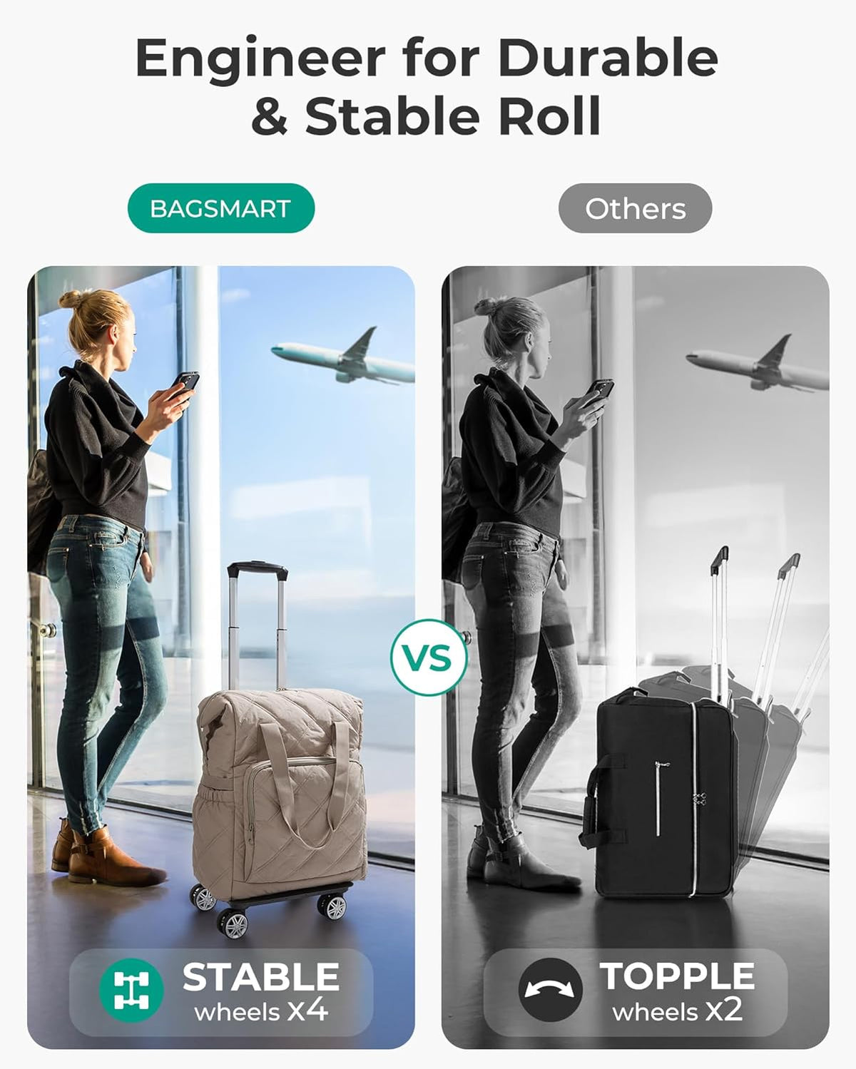 Rolling Duffle Bag with Wheels, 35L Carry on Travel Bag with Detachable Wheels, PVC Wet Pocket Duffel bag with Wheels, Camel