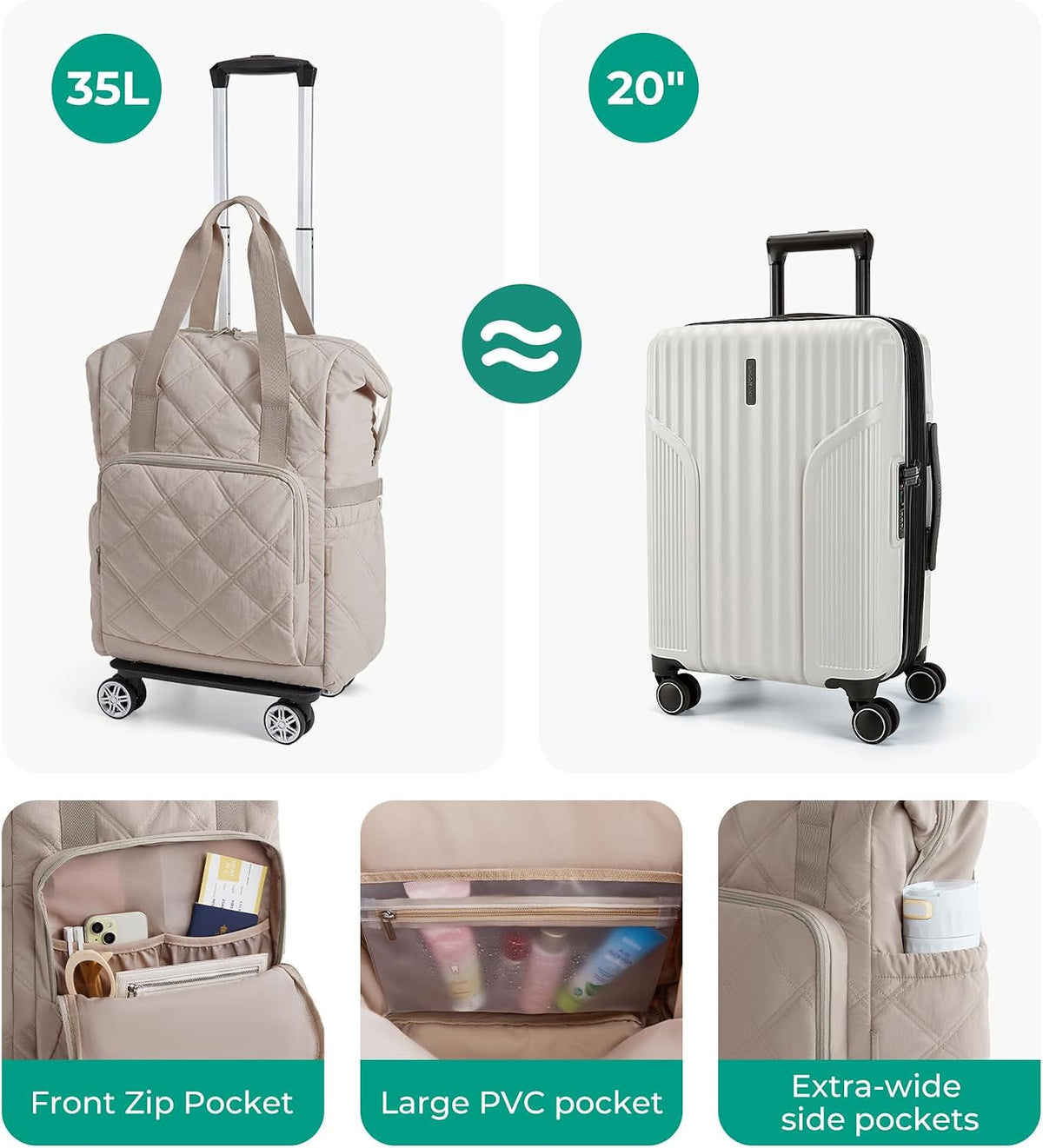 Rolling Duffle Bag with Wheels, 35L Carry on Travel Bag with Detachable Wheels, PVC Wet Pocket Duffel bag with Wheels, Camel