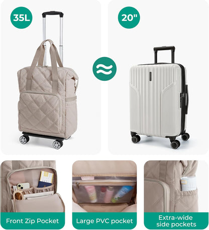 Rolling Duffle Bag with Wheels, 35L Carry on Travel Bag with Detachable Wheels, PVC Wet Pocket Duffel bag with Wheels, Camel