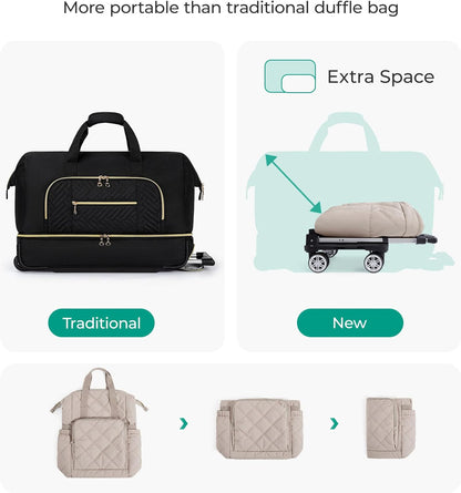 Rolling Duffle Bag with Wheels, 35L Carry on Travel Bag with Detachable Wheels, PVC Wet Pocket Duffel bag with Wheels, Camel