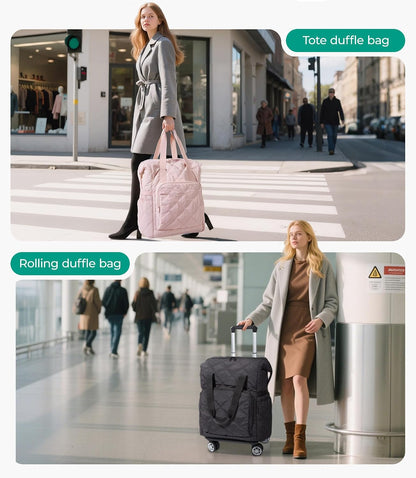 Rolling Duffle Bag with Wheels, 35L Carry on Travel Bag with Detachable Wheels, PVC Wet Pocket Duffel bag with Wheels, Camel